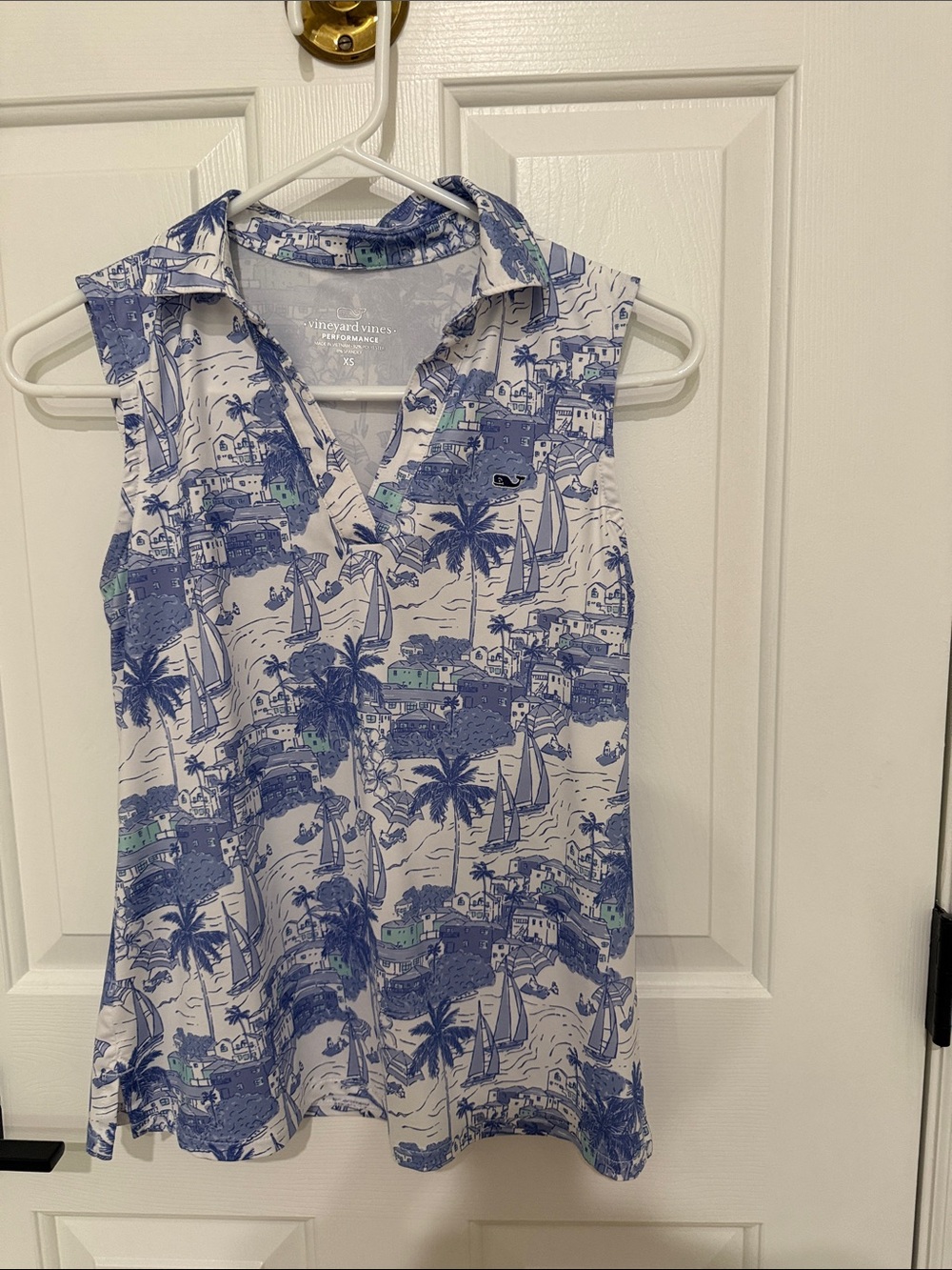 Vineyard Vines Blue and White Coastal Print Sleeveless Polo